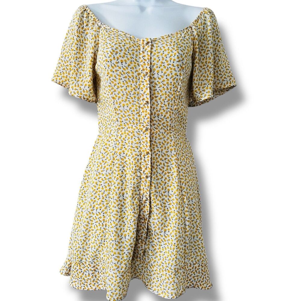 Sienna Sky XS Mini Dress Summer Yellow Ditzy Floral Smocking Lined Pretty A-Line